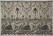 Lace panel with decorative motifs of railroad trains, telegraph poles, electric lights and hot air balloons, Cotton, machine made lace, French