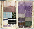 Tissus: album d'échantillons collés dont la fabrication remote, Printed and woven silk, cotton, and wool, on paper, French