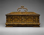 Casket (coffanetto or scrigno), Beechwood, Honduras rosewood veneer, partially gilded, painted and lacquered, gold powder, gold leaf, silver flakes, silver-gilt handle, Italian, Venice