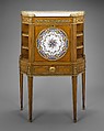 Drop-front desk (secrétaire à abattant or secrétaire en cabinet), Attributed to Roger Vandercruse, called Lacroix (French, 1727–1799), Oak veneered with satin-wood, green and black-stained wood; gilt bronze, marble, soft-paste porcelain, silk, French, Paris and Sèvres