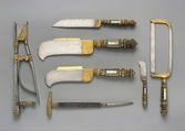 Set of seven pruning tools, Steel, partly gilded; mother-of-pearl, French, Moulins