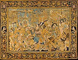 The Abduction of Helen from a set of The Story of Troy, Probably based on a woodcut by Bernard Salomon (French, ca. 1508–ca. 1561), Cotton, embroidered with silk and gilt-paper-wrapped thread, pigment, Chinese, Macao