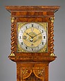 Longcase clock with calendrical, lunar, and tidal indications, also known as the Graves Tompion, Clockmaker: Thomas Tompion (British, 1639–1713), Case: oak veneered with walnut, panels of oystershell-cut olive wood; marquetry panels of green-stained bone, ivory, various woods; mounts: gilded brass; dial: gilded and silvered brass; movement: brass, steel, British, London