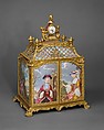 Jewel cabinet with watch, James Cox (British, ca. 1723–1800), Case: agate, mounted in gilded copper and gilded brass and set with painted enamel on copper plaques, and fruitwood; Dial: white enamel, British, London