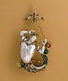 Pendant in the form of a siren, Baroque pearl with enameled gold mounts set with rubies, European