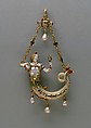 Pendant in the form of a mermaid, Probably based on a design by Reinhold Vasters (German, Erkelenz 1827–1909 Aachen), Baroque pearl with enameled gold mounts set with diamonds and with pendant pearls, German or French