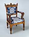 Pair of armchairs (part of a set), Designed by Filippo Pelagio Palagi (Italian, Bologna 1775–1860 Turin), Mahogany veneered with maplewood and mahogany, covered with modern silk brocade, Italian, Piedmont