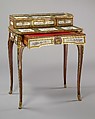 Desk (bonheur du jour), Attributed to Martin Carlin (French, near Freiburg im Breisgau ca. 1730–1785 Paris), Oak, mahogany, tulipwood, sycamore, ebony, box and harewood, gilt-bronze mounts, soft-paste porcelain, French, Sèvres