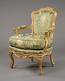Set of four armchairs (fauteuils en cabriolet), Carved and gilded beechwood, upholstered in modern green broché, French