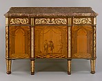 Commode à vantaux, David Roentgen (German, Herrnhaag 1743–1807 Wiesbaden, master 1780), Oak, pine, walnut, mahogany, and cherry veneered with hornbeam (partially stained), tulipwood, walnut, holly and maple (both partially stained), boxwood, mahogany, and other woods; red brocatelle marble; gilt bronze; iron, steel, and brass, German, Neuwied am Rhein