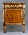 Commode à vantaux, David Roentgen (German, Herrnhaag 1743–1807 Wiesbaden, master 1780), Oak, pine, walnut, mahogany, and cherry veneered with hornbeam (partially stained), tulipwood, walnut, holly and maple (both partially stained), boxwood, mahogany, and other woods; red brocatelle marble; gilt bronze; iron, steel, and brass, German, Neuwied am Rhein