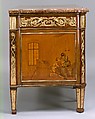 Commode à vantaux, David Roentgen (German, Herrnhaag 1743–1807 Wiesbaden, master 1780), Oak, pine, walnut, mahogany, and cherry veneered with hornbeam (partially stained), tulipwood, walnut, holly and maple (both partially stained), boxwood, mahogany, and other woods; red brocatelle marble; gilt bronze; iron, steel, and brass, German, Neuwied am Rhein