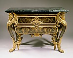 Commode, André Charles Boulle (French, Paris 1642–1732 Paris), Walnut veneered with ebony, marquetry of engraved brass and tortoiseshell, gilt-bronze mounts, verd antique marble, French