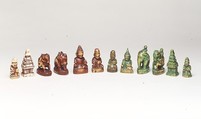 Chess set, Ivory, leather, Burmese chessmen with British board