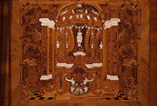 Choir stall panels, Johann Justus Schacht with collaborators, Panel: oak veneered with walnut, boxwod, rosewood, ebony, maple, and other woods, ivory, green-stained horn, and pewter; figures: carved and painted limewood, German, Mainz