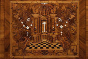 Choir stall panels, Johann Justus Schacht with collaborators, Panel: oak veneered with walnut, boxwod, rosewood, ebony, maple, and other woods, ivory, green-stained horn, and pewter; figures: carved and painted limewood, German, Mainz