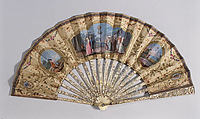 Fan, Silk, parchment and ivory, gold thread, silver, glass, French