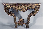 Console table (one of a pair), Carved and gilded limewood; marble top, German