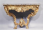 Console table (one of a pair), Carved and gilded limewood; marble top, German