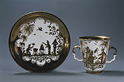 Two-handled beaker and saucer, Meissen Manufactory (German, 1710–present), Hard-paste porcelain, German, Meissen with German, Augsburg decoration