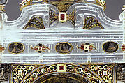 Adoration of the Magi, St. George and the dragon group based on a design by Reinhold Vasters (German, Erkelenz 1827–1909 Aachen), Rock crystal, silver gilt, verre eglomisé, enamel, rubies, Italian, Milan