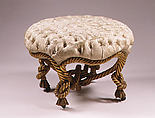 Four-legged stool, Style of A. M. E. Fournier (French, active after 1850), Carved and gilded wood, silver-colored damask, brass casters, French