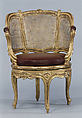 Desk chair, Carved and gilded beechwood, caning; modern red leather, French