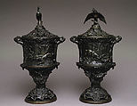 Pair of urns with covers with hunting scenes, Pierre-Jules Mêne (French, Paris 1810–1877 Paris), Bronze, French