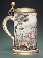 Tankard, M. Schmid, Tin-glazed earthenware with engraved and gilt metal mounts, German, Nuremberg
