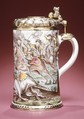 Cylindrical tankard, M. S. of Nuremberg, Germany, Faience (tin-glazed earthenware), silver-gilt mounts, German, Nuremberg