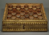Draughtsmen (30) and box-board, Leather, gold (?), Spanish