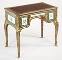 Desk, Joseph Baumhauer (French, active ca. 1749–72), Oak, tulipwood, gilt bronze, soft-paste porcelain, leather, silk, French, Paris and Sèvres