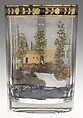 Dog chasing a rabbit in a landscape with dacha and hut, Alexander Vershinin (active 1795–1822), Glass, enamel; moss, straw, paper, sand, stone, clay and mica, Russian, Nikolskoye Pestrovka