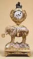 Miniature clock in the form of an elephant supporting a watch case, Agate, heliotrope, gold and diamonds, possibly German, Dresden