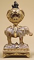 Miniature clock in the form of an elephant supporting a watch case, Agate, heliotrope, gold and diamonds, possibly German, Dresden