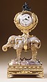 Miniature clock in the form of an elephant supporting a watch case, Agate, heliotrope, gold and diamonds, possibly German, Dresden