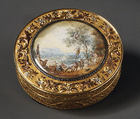 Snuffbox with scene of harvesting fruit, Johann Wilhelm Keibel (master 1812; died 1862), Four-color gold, painting in gouache on vellum, Russian, St. Petersburg