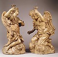 Candle-bearing angel (one of a pair), Workshop of Giuseppe Mazzuoli (Italian, Siena 1644–1725 Siena), Terracotta with later remains of paint, Italian, Siena