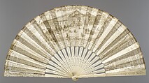 Fan commemorating the 1855 Universal Exhibition, Brioude-Laguérie, hand-colored and gilded lithograph; ivory; mother-of-pearl, French