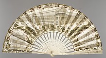 Fan, Brionde, Leaf of painted and gilt lithograph on paper; sticks and guards of pierced ivory; mother-of-pearl rivet, French