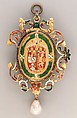 Bona Sforza (1493–1557), Queen of Poland, Cameo by Giovanni Jacopo Caraglio (Italian, Parma or Verona ca. 1500/1505–1565 Krakow (?)), Sardonyx, with inlaid gold and silver details; mounted in 19th century frame as a pendant in gold, with enamel, pearl and ruby, Polish, Krakow cameo with French frame
