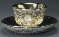 Cup and saucer, Workshop of Charles Fromery (1685–1738), Painted enamel on copper, partly gilt; silver gilt, German, Berlin