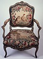 Armchair (part of a set of nine), Tapestry woven at Aubusson (Manufacture Royale, est. 1665: Manufacture, ca. 1812–present day), Carved and painted walnut; Aubusson tapestry upholstery, French