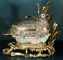 Pair of dishes in the form of quails, Ferrat Manufactory, Faience (tin-glazed earthenware); gilt-bronze mounts, French, Moustiers