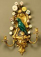 Wall light (one of a pair), Glazed biscuit Chinese porcelain parrots of K'ang Hsi period; soft-paste Vincennes porcelain flowers; 19th century hard-paste flowers; gilt-bronze, French, Vincennes and Chinese