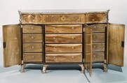 Commode, Pine and oak veneered with satinwood, tulipwood, ash, thuya and other woods, ivory; gilt bronze, British