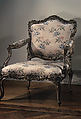 Armchair (fauteuil), Carved wood, painted and gilded; silk upholstery, French