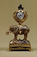 Miniature clock in the form of an elephant supporting a watch case, Agate, heliotrope, gold and diamonds, possibly German, Dresden