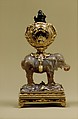 Miniature clock in the form of an elephant supporting a watch case, Agate, heliotrope, gold and diamonds, possibly German, Dresden
