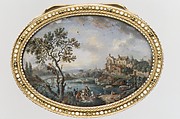 Snuffbox with scene of peasants picnicking on a riverbank near a village, F. J., Switzerland, Gold, enamel; paper, Swiss